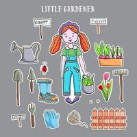 paquete de pegatinas vectoriales dibujadas a mano. niña jardinera. herramientas de jardín, hortalizas y plántulas. vector