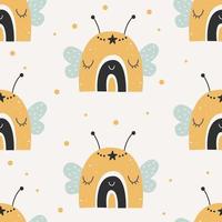 Seamless rainbow pattern with bee face. Vector illustration