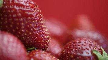 Close-up of ripe juicy strawberries with drop of water flowing over the surface video