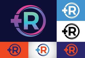 monograma r inicial en un círculo con cruz más. logotipo médico. logotipo para farmacia, negocio clínico.