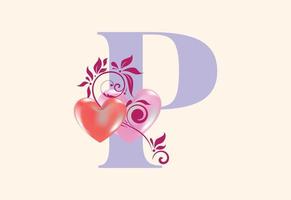 Floral P monogram letter with heart sign. Initial alphabet with botanical elements. vector