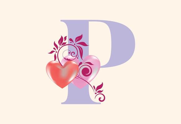 Floral P monogram letter with heart sign. Initial alphabet with botanical elements.