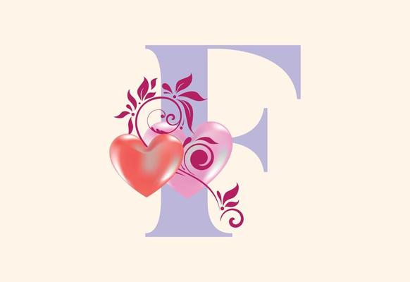 Floral F monogram letter with heart sign. Initial alphabet with botanical elements.