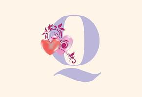 Floral Q monogram letter with heart sign. Initial alphabet with botanical elements. vector