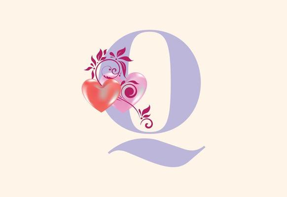 Floral Q monogram letter with heart sign. Initial alphabet with botanical elements.