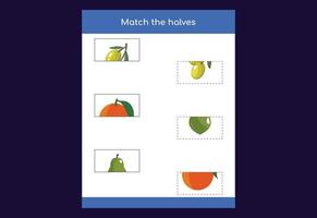 juego de correspondencias. emparejar mitades de frutas. juego educativo para niños, hoja de trabajo imprimible vector