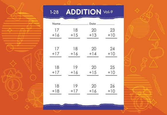 Basic math addition for kids. An educational worksheet for kids. Vector design