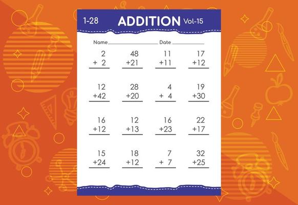 Basic math addition for kids. An educational worksheet for kids. Vector design