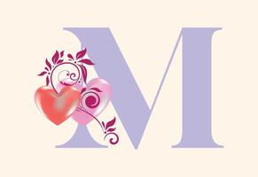 Floral M monogram letter with heart sign. Initial alphabet with botanical elements. vector