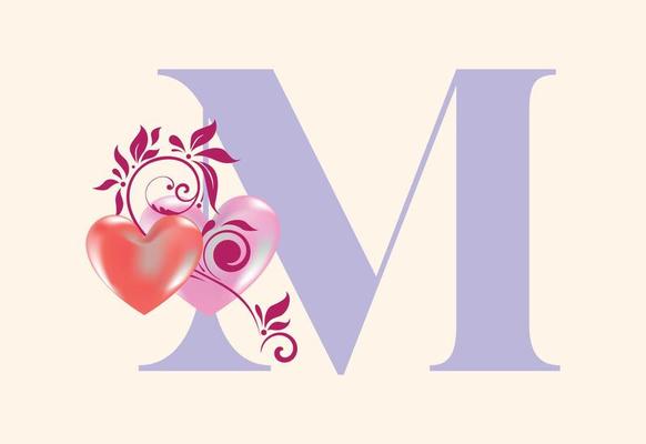 Floral M monogram letter with heart sign. Initial alphabet with botanical elements.