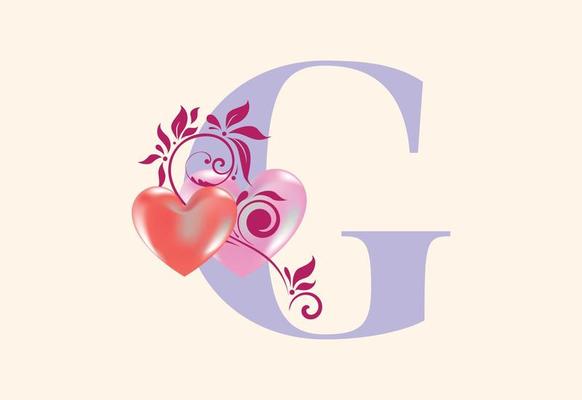 Floral G monogram letter with heart sign. Initial alphabet with botanical elements.