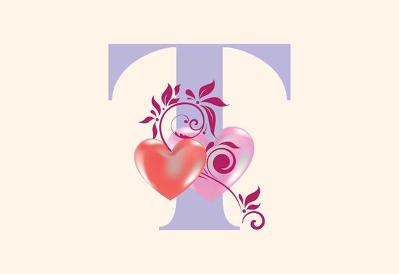 Floral T monogram letter with heart sign. Initial alphabet with botanical elements.