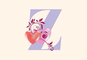 Floral Z monogram letter with heart sign. Initial alphabet with botanical elements. vector