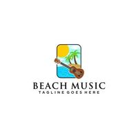 logo musical en la playa con vista a la playa y diseño de ukelele vector