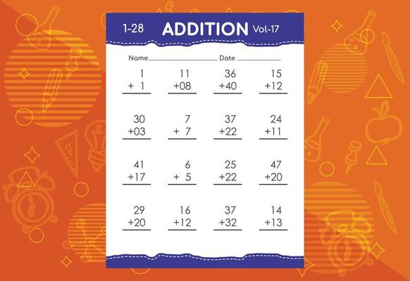 Basic math addition for kids. An educational worksheet for kids. Vector design