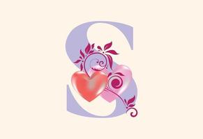 Floral S monogram letter with heart sign. Initial alphabet with botanical elements. vector