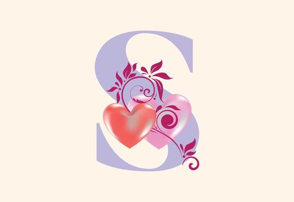 Floral S monogram letter with heart sign. Initial alphabet with botanical elements.