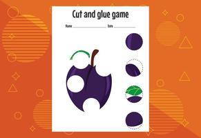 Cut and glue game for kids with fruits. Cutting practice for preschoolers. Education page vector