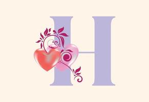 Floral H monogram letter with heart sign. Initial alphabet with botanical elements. vector