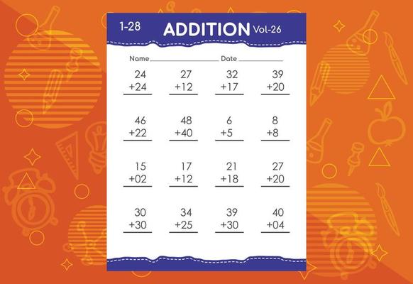 Basic math addition for kids. An educational worksheet for kids. Vector design