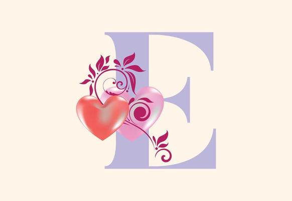 Floral E monogram letter with heart sign. Initial alphabet with botanical elements.