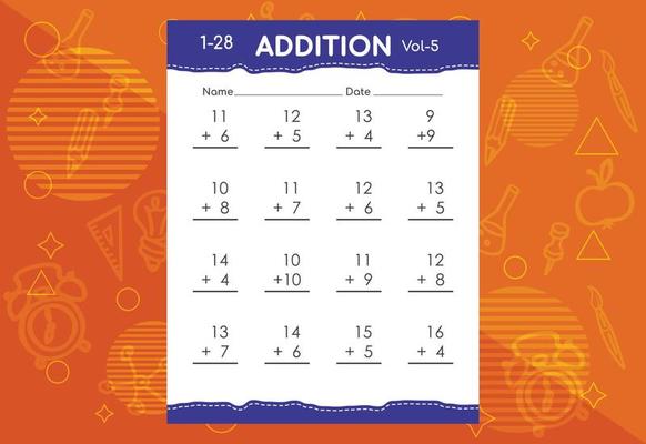 Basic math addition for kids. An educational worksheet for kids. Vector design