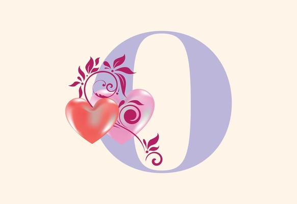 Floral O monogram letter with heart sign. Initial alphabet with botanical elements.