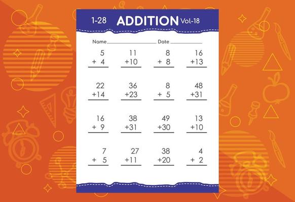 Basic math addition for kids. An educational worksheet for kids. Vector design