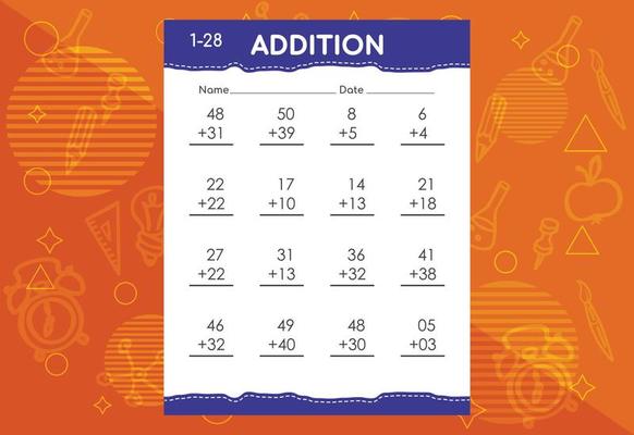 Basic math addition for kids. An educational worksheet for kids. Vector design