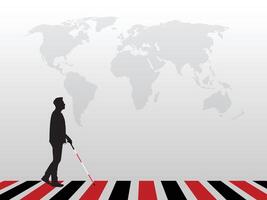 Blind man walking at crossing holding a stick. It can use for White Cane Safety Day, World Sight Day, Blind or Retina Day, etc. Vector isolated illustration.