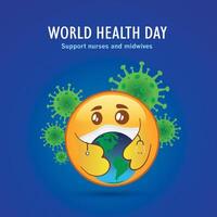 World health day emotional emoji and corona virus concept with vector element. Emoji holding world and stethoscope.