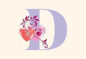 Floral D monogram letter with heart sign. Initial alphabet with botanical elements. vector