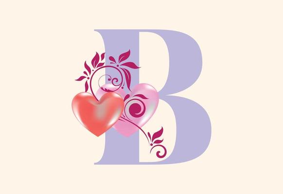 Floral B monogram letter with heart sign. Initial alphabet with botanical elements.