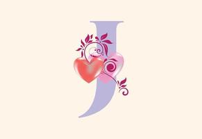 Floral J monogram letter with heart sign. Initial alphabet with botanical elements. vector