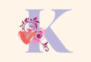 Floral K monogram letter with heart sign. Initial alphabet with botanical elements. vector