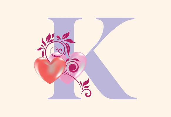 Floral K monogram letter with heart sign. Initial alphabet with botanical elements.