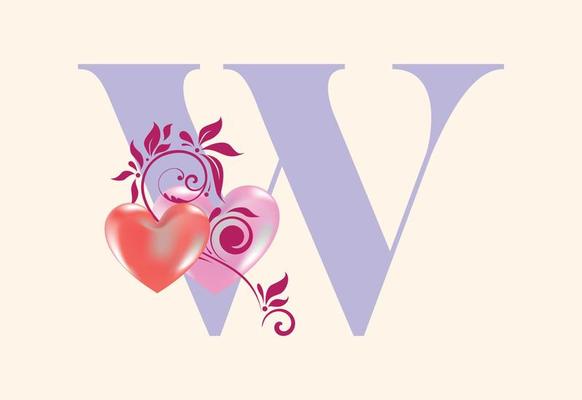 Floral W monogram letter with heart sign. Initial alphabet with botanical elements.