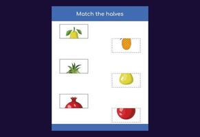juego de correspondencias. emparejar mitades de frutas. juego educativo para niños, hoja de trabajo imprimible vector