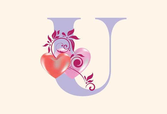 Floral U monogram letter with heart sign. Initial alphabet with botanical elements.