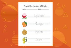Trace the names of fruits. Handwriting practice for preschool kids. vector