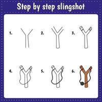 Educational worksheet for kids. Step by step drawing illustration. Slingshot. Activity page for preschool education. vector