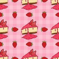 Seamless pattern with strawberry cheesecake. Bakery seamless background. Wrapping paper pattern. Hand drawn vector. Cute pattern. vector