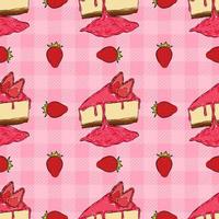 Seamless pattern with strawberry cheesecake. Bakery seamless background. Wrapping paper pattern. Hand drawn vector. Cute pattern. vector