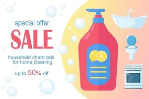 Horizontal banner with image of cleaning products, soap bubbles, home or office plumbing. Advertising sale of cleaning products. Editable text
