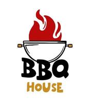 BBQ house hand-drawn inscription slogan food court emblem menu restaurant bar cafe Vector illustration grill on fire