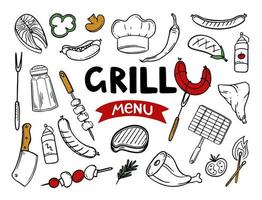 menú a la parrilla elementos de menú dibujados a mano de restaurante bar cafetería ilustración vectorial de garabatos de comida de barbacoa