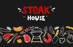 Banner cover for a menu with grill and barbecue elements for a restaurant bar cafe on a black background Vector illustration of doodles