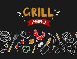 Banner cover for a menu with grill and barbecue elements for a restaurant bar cafe on a black background Vector illustration of doodles