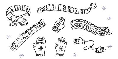 A set of hand-drawn winter clothing. Vector illustration in doodle style. Winter mood. Hello 2023. Merry Christmas and Happy New Year. Black and violet scarfs, mittens and glove on a white background.