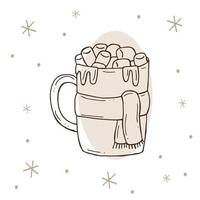 Hot chocolate in a cup with a scarf. Warm cocoa with marshmallows with a snowflakes. Vector illustration in doodle style. Winter mood. Hello 2023. Merry Christmas and Happy New Year.